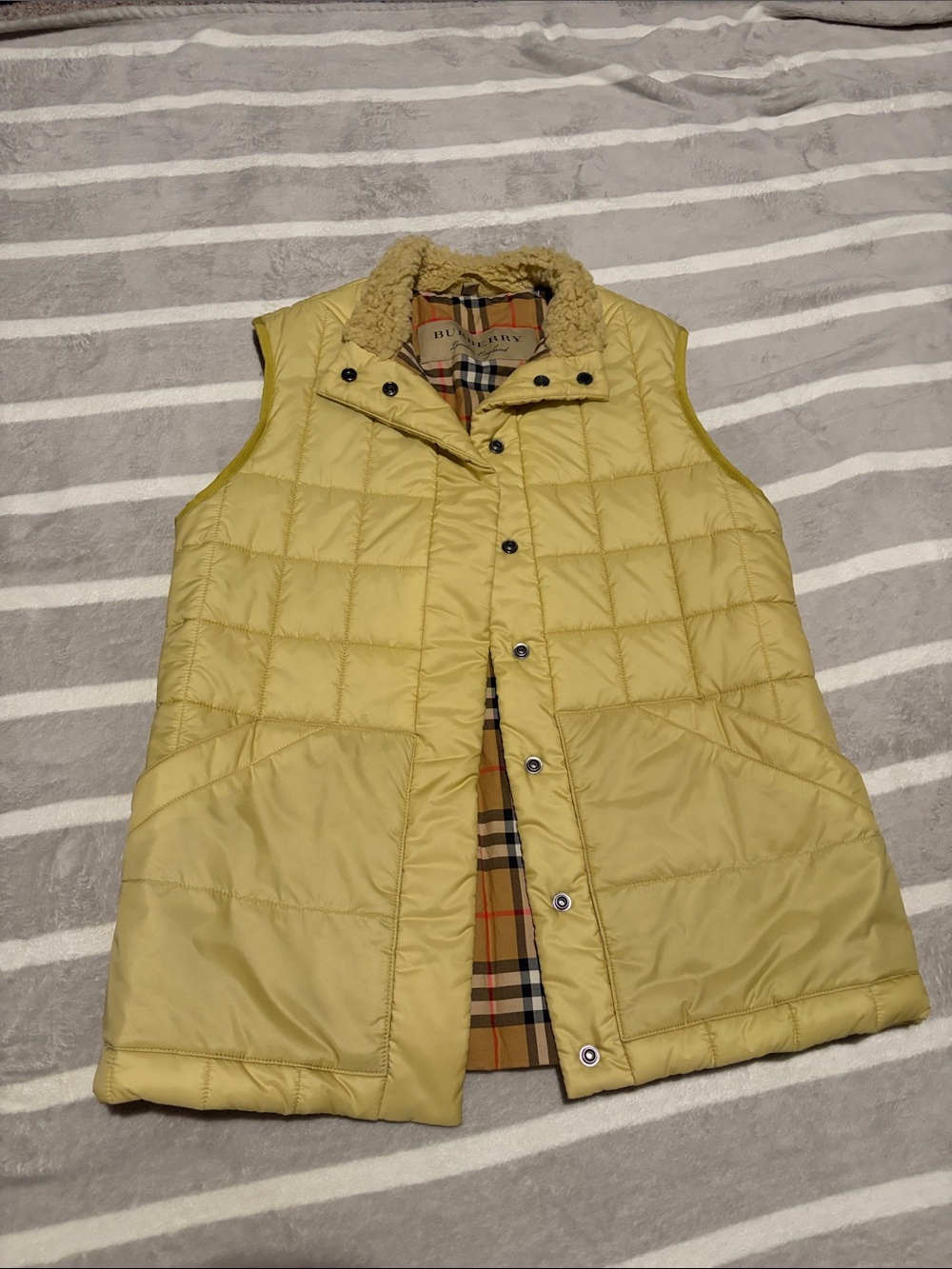 Burberry Yellow Quilted Puffer Vest with Faux Fur Collar